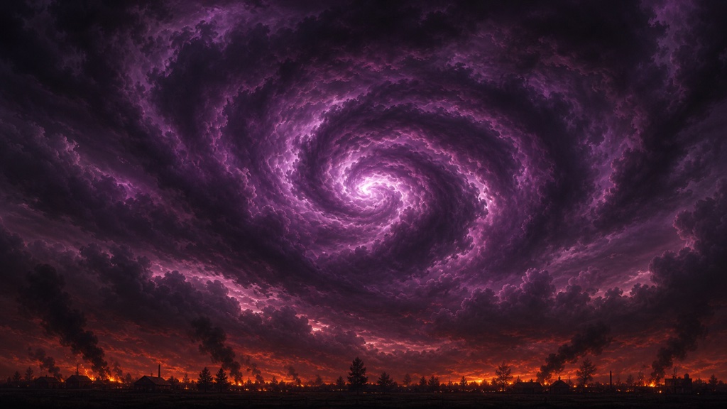 Gameplay screenshot: apocalyptic purple vortex sky